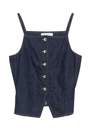 Dunkelblaues ärmelloses Denim-Top mit dünnen Trägern, silbernen Knöpfen vorne und einem leichten Schlitz am vorderen Saum.