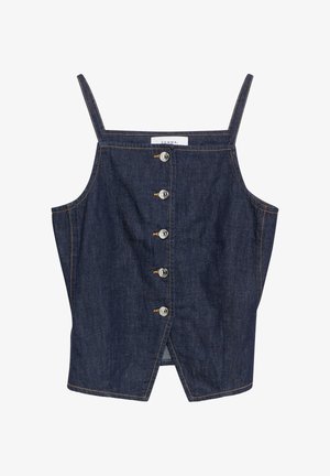 Dark blue denim sleeveless top with thin straps, front silver buttons, and a slight front slit at the hem.