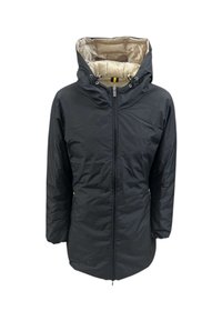 Zwarte winterjas met capuchon, vooraan met rits, beige gewatteerde voering in de capuchon en elastische manchetten op de mouwen.