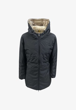 Cappotto invernale nero con cappuccio, zip frontale, foderato in beige all'interno del cappuccio e polsini elastici sulle maniche.