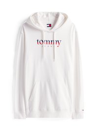 Sudadera blanca de algodón con un bolsillo frontal. Presenta "tommy" en color marino y "JEANS" en rojo, con capucha ajustable.