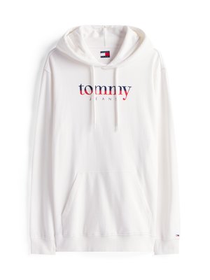 Valge puuvillane kapuutsiga dressipluus, millel on ees tasku. Sellel on sinises kirjas "tommy" ja punases kirjas "JEANS". Kapuutsil on nöör.