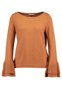 Gebreide trui in roestkleur met een boothals en lange mouwen. Voorzien van uitlopende, geribde manchetten en een gladde textuur.