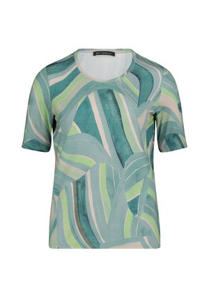 Chemise à manches courtes avec des rayures ondulées abstraites vertes, bleues et beige et un col rond, étiquetée Betty Barclay.