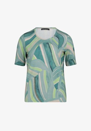 Chemise à manches courtes avec des rayures ondulées abstraites vertes, bleues et beige et un col rond, étiquetée Betty Barclay.