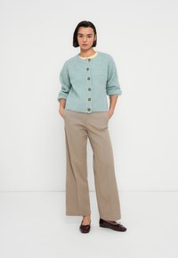 Ανοιχτό μπλε ζακέτα με ριγέ ύφασμα και στρογγυλή λαιμόκοψη με έξι καφέ κουμπιά, σετ με μπεζ παντελόνι φαρδιάς γραμμής και σκούρα καφέ επίπεδα παπούτσια.