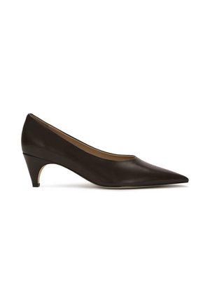 Black leather pump with a pointed toe and a mid-height cone heel. Smooth texture with a minimalistic design, featuring a subtle interior lining.