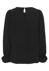 Juoda bluzonė su ilgomis pūkuotomis rankovėmis, atvira nugara su raktelio formos anga ir susiraukšlėjusiomis apykaklėmis. Lygus tekstūros, laisvas kirpimas, minimalus dizainas.