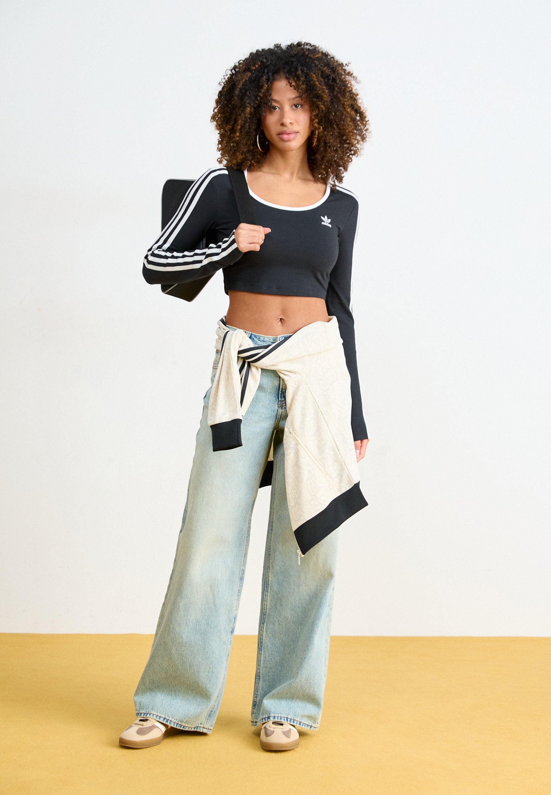 adidas originals adicolor three stripe cropped top in black