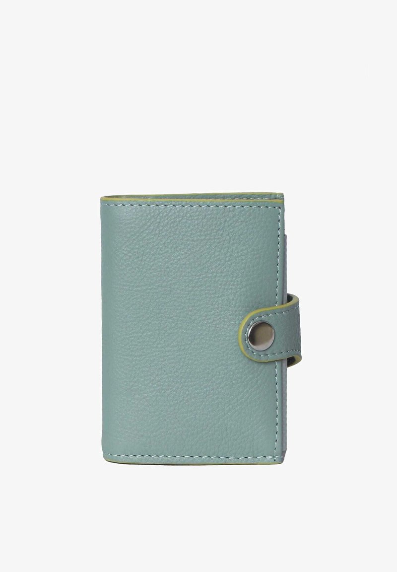 Mint green leather wallet with a textured surface, rounded corners, snap button closure, and contrasting light green stitching.