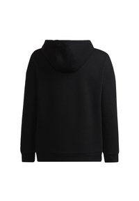 Czarna mikoda z kapturem wykonana z miękkiego materiału, charakteryzująca się luźnym krojem, długimi rękawami oraz ściągaczami u dołu i na rękawach.