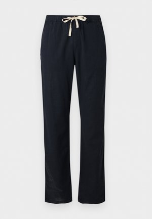 Pantalon noir à jambes droites avec taille élastique et cordon blanc, comprenant des poches latérales et une coupe décontractée.