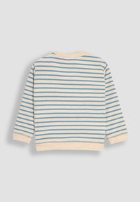 Gestreiftes langärmliges Hemd in Creme und Blau, mit einem runden Halsausschnitt und Bündchen aus demselben Stoff, ausgestattet mit einer weichen Baumwolltextur.