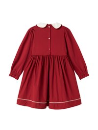 Rochie roșie din bumbac cu mâneci lungi, guler alb în stil Peter Pan, închidere la spate cu nasturi, talie elastică și accent alb la tiv.