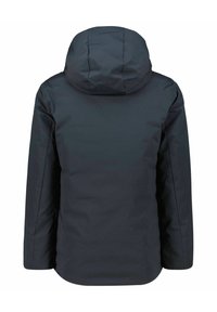 Chaqueta aislante de color azul oscuro con capucha, que presenta una textura suave y un diseño sencillo, mostrando una vista trasera limpia y sin interrupciones.