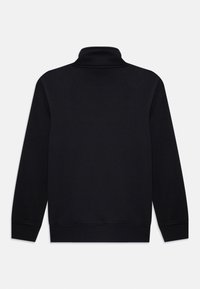 Felpa nera a collo alto realizzata in tessuto morbido, con maniche lunghe e orlo a coste. Design semplice senza ulteriori motivi o dettagli.