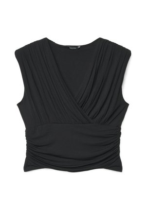 Haut noir sans manches à style portefeuille avec des détails plissés sur les épaules et des fronces sur les côtés au niveau de la taille.