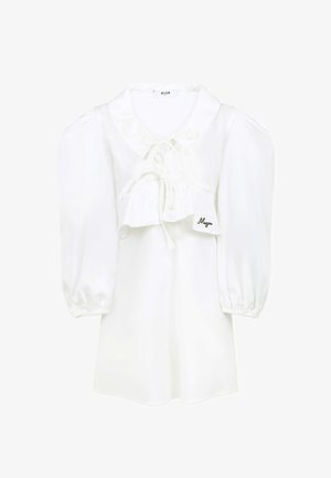 Witte blouse met een brede kraag, korte poffende mouwen en een trekkoord in de taille. Heeft een gerimpelde zoom en geborduurd logo.