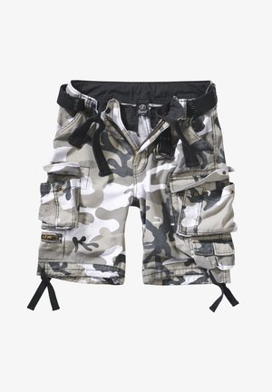 Kampshorts i kamuflasjemønster med grå og hvite nyanser, med flere lommer, beltehemper og justerbare snorer i kanten.