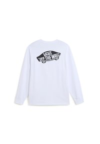 Weißes Langarmshirt mit schwarzem Vans "Off The Wall" Skateboard-Logo, das oben auf dem Rücken aufgedruckt ist.