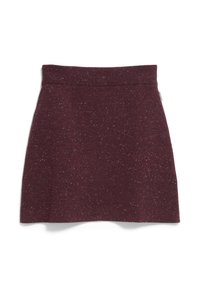 Bordeaux gebreide rok met een brede, ribbelige tailleband. Kenmerkt zich door een textiele stof met subtiele kleurvlekken. A-lijn silhouet.