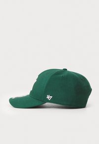 Grønn stoff baseballcaps med buet skjerm, brodert logo foran, og en mindre talldetalj på siden. Glatt tekstur.