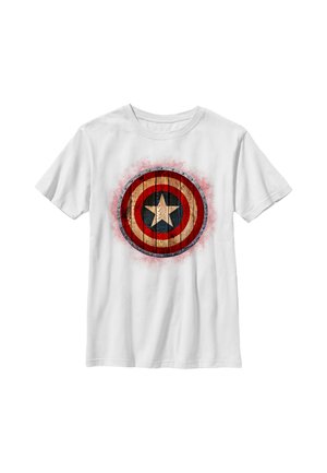 Weißes T-Shirt mit kurzen Ärmeln und einem aufgedruckten hölzernen Captain America-Schild mit roten, weißen und blauen konzentrischen Kreisen und einem zentralen Stern.