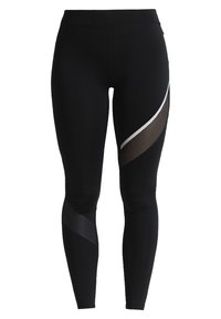Černé legíny vyrobené z elastického materiálu s vysokým pasem. Obsahují bílé a síťované detaily podél strany pro větší prodyšnost.