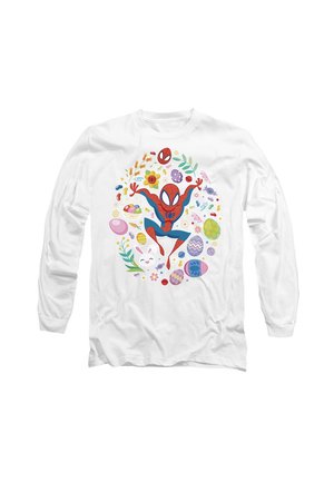 Weißes Langarmhemd mit einem Cartoon-Spider-Man, umgeben von bunten Ostereiern und Blumen in verschiedenen Pastellfarben.