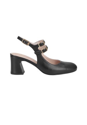 Décolleté neri in pelle con punta rotonda, dotati di due cinturini regolabili con fibbie dorate e un design con tacco largo.