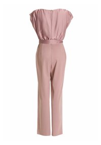 Combinaison sans manches rose poudré avec une taille cintrée, un pantalon droit et une fermeture éclair au dos.