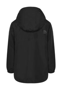 Schwarze, leichte Jacke mit Kapuze, elastischen Bündchen, leicht gewölbtem Saum und einem dezenten Logo auf der Rückseite. Hergestellt aus glattem, wasserabweisendem Material.