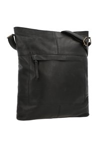 Borsa a spalla in pelle nera con finitura texturizzata, dotata di una tasca con zip sul davanti e di una tracolla regolabile. Forma semplice e rettangolare.