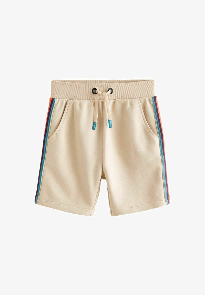 Beżowe spodenki sportowe z prążkowanym pasem, sznurkiem do regulacji i kieszeniami bocznymi. Posiadają pionowe paski w niebieskim, pomarańczowym i tealowym kolorze.