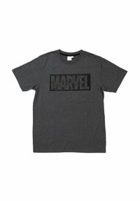 Maglietta a maniche corte grigio scuro con logo rettangolare Marvel nero che presenta silhouette sottili di personaggi all'interno delle lettere.