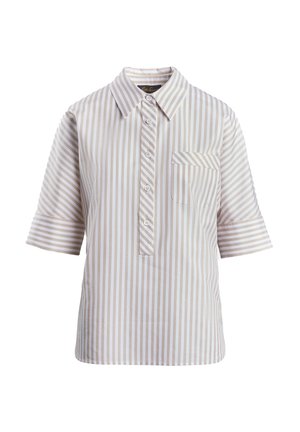 Short-sleeve collared shirt in light beige with white vertical stripes, featuring a front pocket and a placket with button closure.