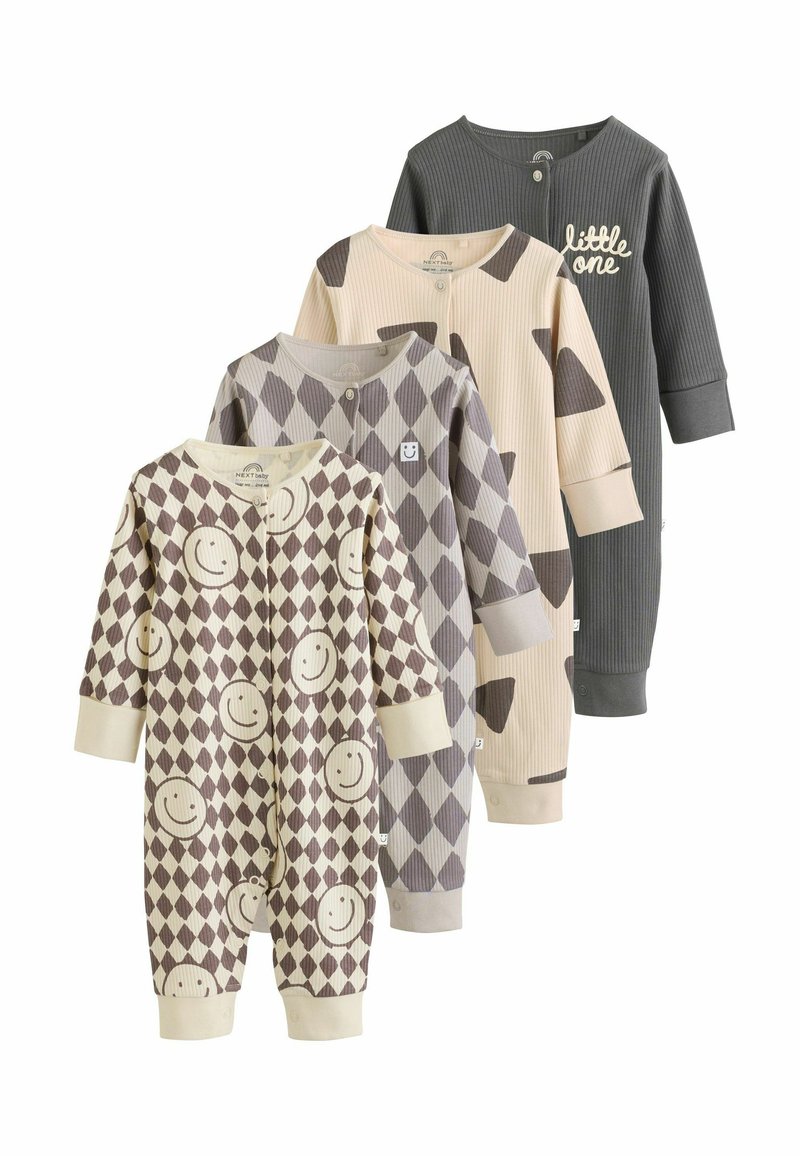 Vier Babystrampler: hellbraun mit Smiley-Gesichtern, gemustert mit Rauten, weich strukturiert in Beige und dunkelgrau mit dem Text "little one".