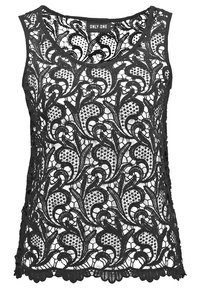 Haut noir sans manches en dentelle avec des motifs floraux et de feuilles, ourlet festonné et col rond, étiquette "ONLY ONE" au niveau du col.