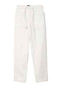 Weiße Baumwollhose mit elastischem Bund, verstellbarem Kordelzug, zwei Vorderaschen und sichtbaren Nähten. Gerades Bein-Design.
