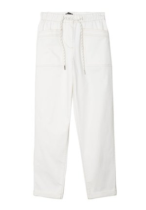 Pantaloni bianchi in cotone con cintura elastica, cordoncino regolabile, due tasche frontali e dettagli di cucitura visibili. Design a gamba dritta.