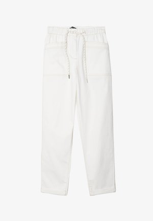 White cotton pants with an elastic waistband, adjustable drawstring, two front pockets, and visible stitching details. Straight-legged design.