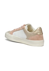 Lightweight sneaker featuring a white leather upper, pink and beige suede accents, and a gold metallic heel. Textured rubber sole.