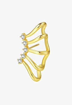 Goudkleurige oorcuff met vijf sprankelende heldere kristallen. Heeft een golvend ontwerp en een open structuur, wat zorgt voor een elegante en moderne uitstraling.