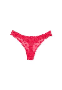 Red sheer lace thong with ruffled edges and floral patterns. Features a comfortable fit with a soft texture and detailed stitching.