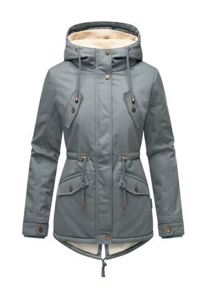 Hellgraue wasserdichte Jacke mit Kapuze, verstellbarem Bund und zwei Fronttaschen. Mit Fleece gefüttert und Akzente in Kupferoptik.