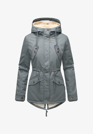 Világosszürke vízhatlan dzseki kapucnival, húzózsinóros derékkal és két elülső zsebbel. Bélése bolyhos és rézszínű kiegészítők díszítik.