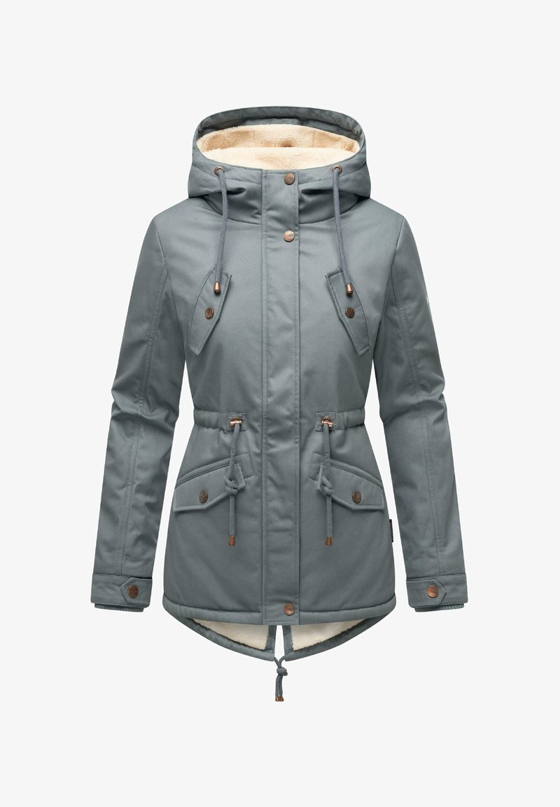 Jasnoszara wodoodporna kurtka z kapturem, ściągaczem w talii i dwiema przednimi kieszeniami. Wnętrze z polaru i miedziowe akcenty metalowe.