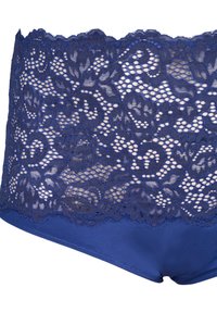 Navy lace underwear features floral patterns, sheer lace top with scalloped edge, and a solid fabric bottom. Texture is delicate and smooth.