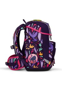 Children's backpack with purple, pink, and yellow abstract floral pattern, padded straps, and a black cat badge on the side pocket.