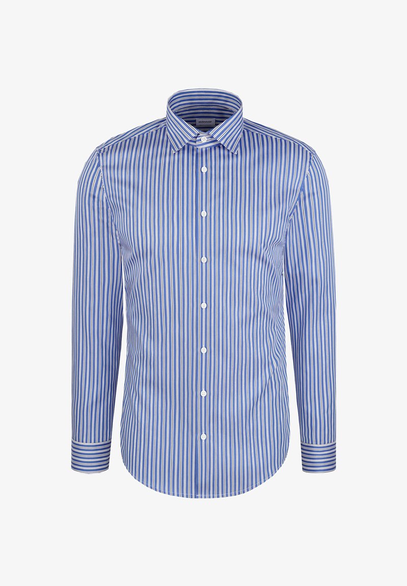Chemise à manches longues rayée bleu et blanc avec un col boutonné, des boutons sur le devant et des poignets droits. Texture de tissu lisse.